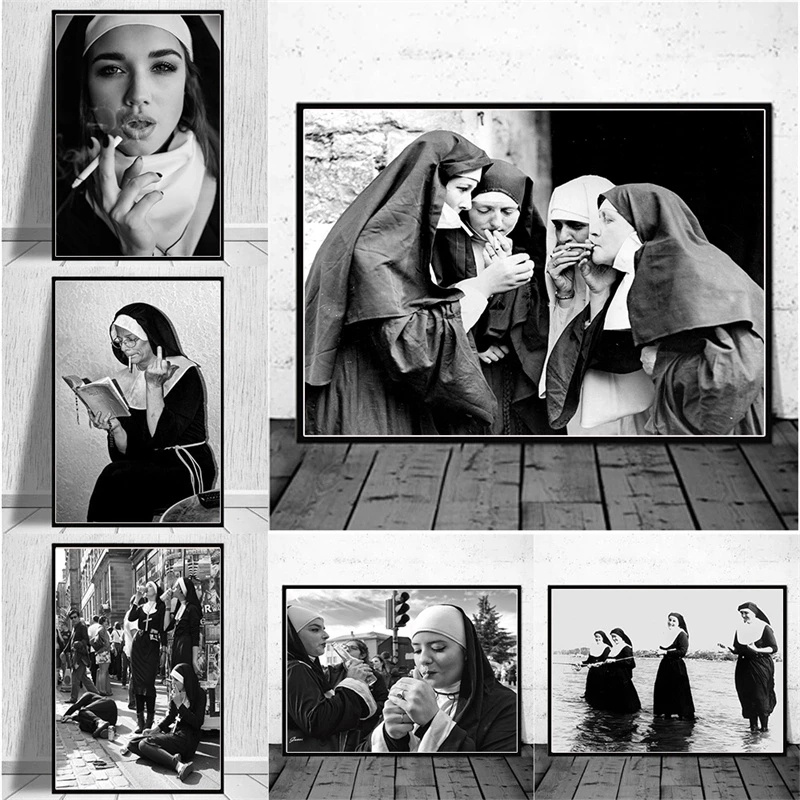 Photography Poster - 흡연하는 섹시한 수녀 그림 포스터 빈티지